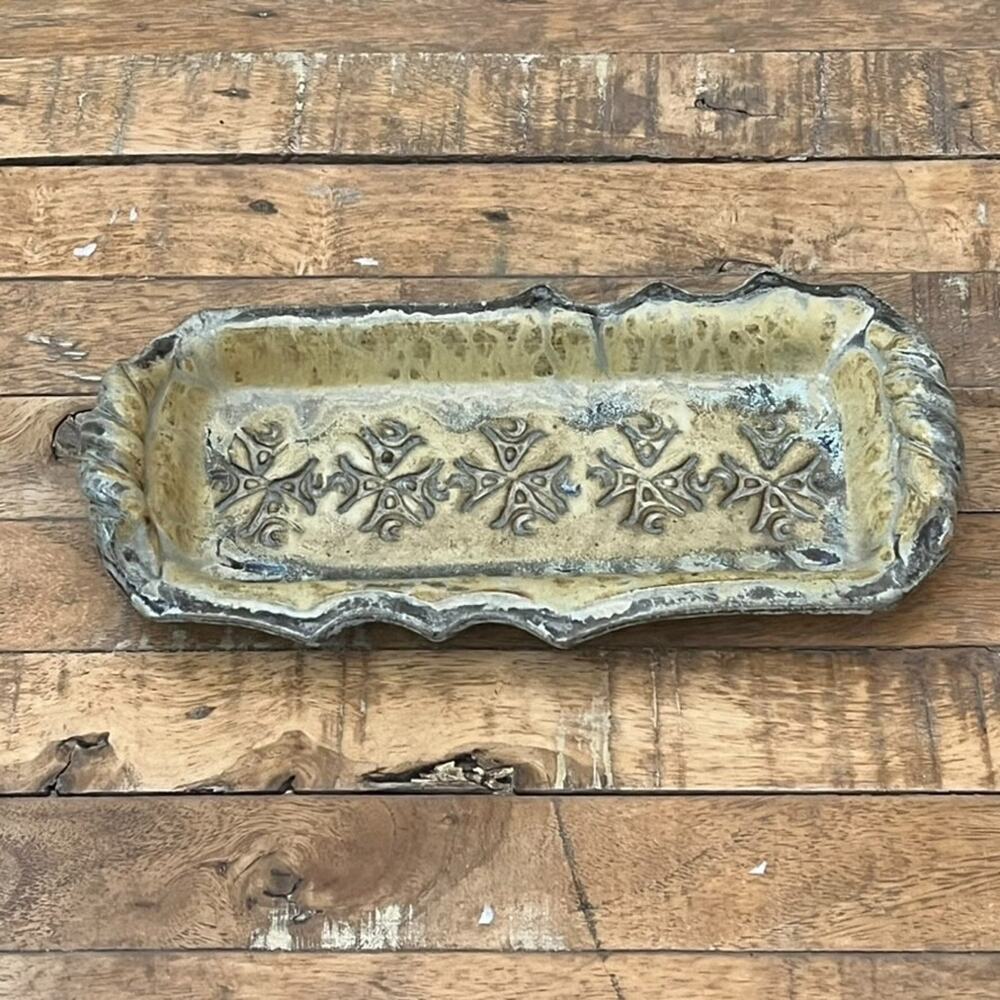 Decorative Pottery Tray 10.5" Engraved Designs Weathered Antique Finish
